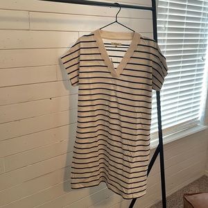 Madewell v neck blue & cream stripe dress